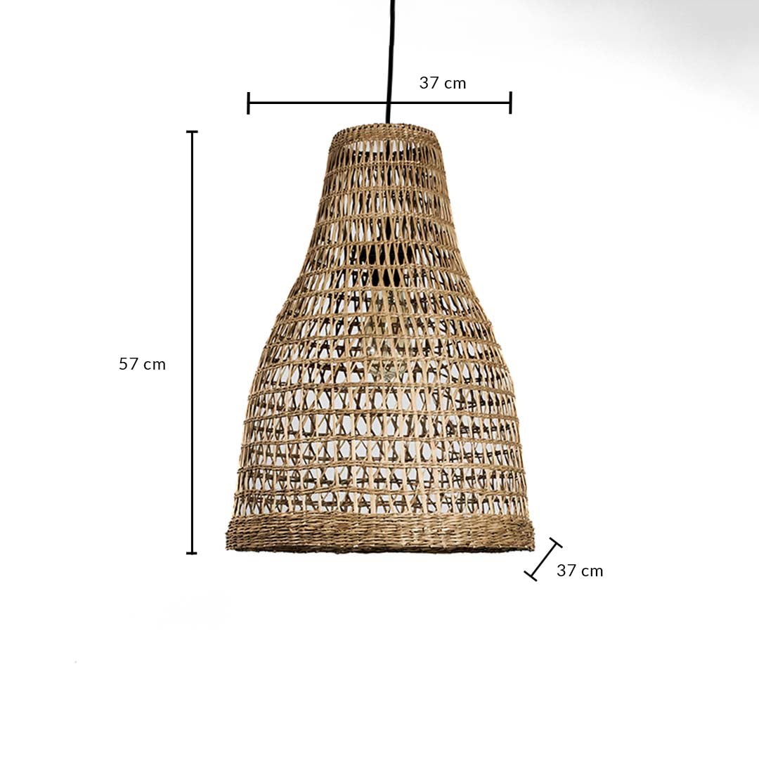 Dimension image of tall sloping woven seagrass pendant light with open mesh showing 57 cm height and 37 cm width.