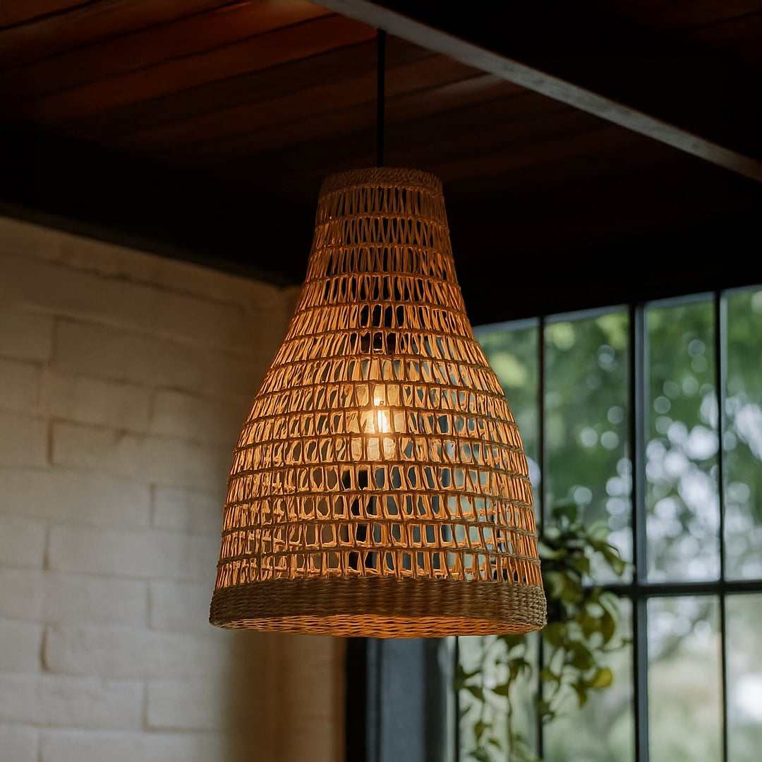 Woven rattan pendant light glowing warmly in a cozy dining room above a wooden table creating a natural inviting ambiance with soft shadows and earthy decor.