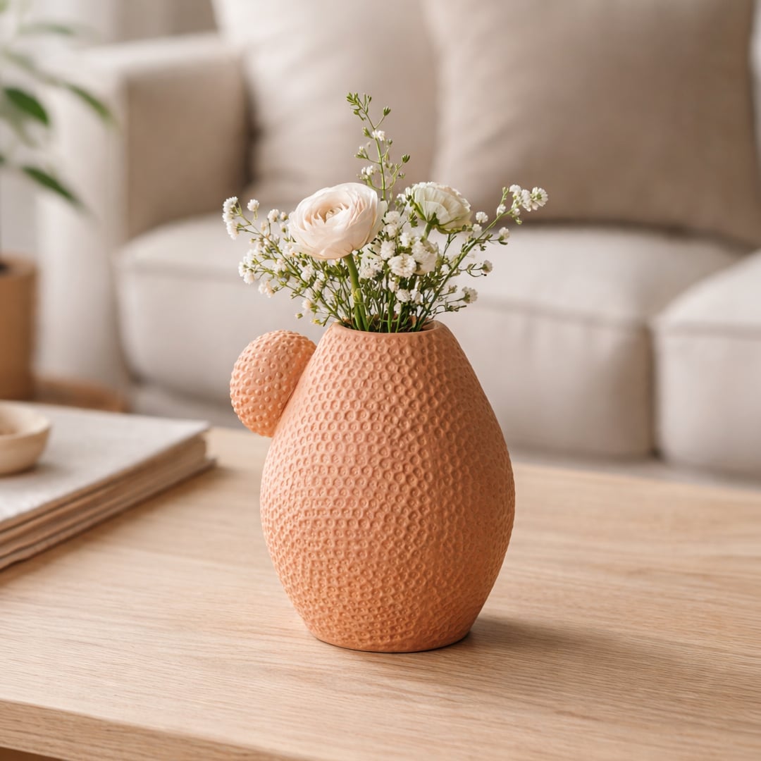 White marble ceramic vase with grey veins placed on living room table with books in soft neutral home decor setting.