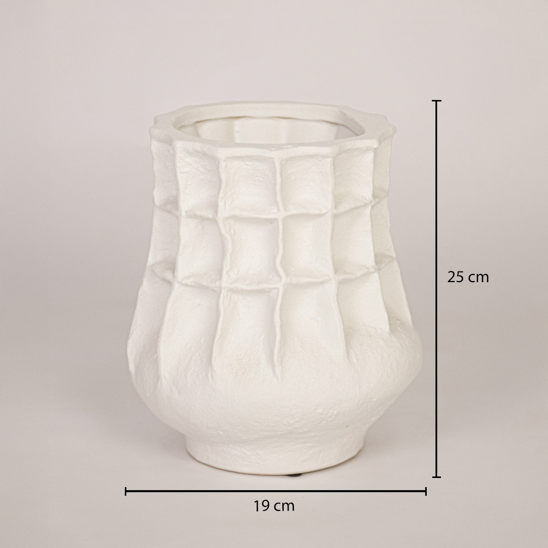 White ceramic textured vase height 25 cm and width 19 cm ideal for console table shelf or living room decor.