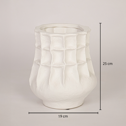 White ceramic textured vase height 25 cm and width 19 cm ideal for console table shelf or living room decor.