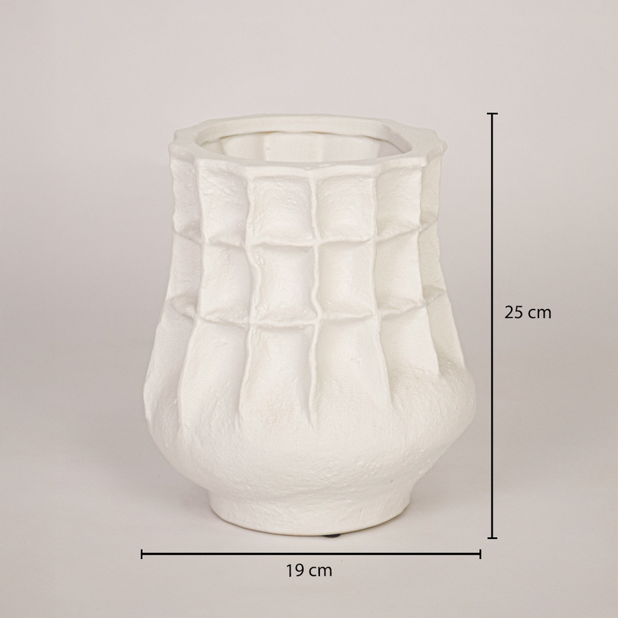White ceramic textured vase height 25 cm and width 19 cm ideal for console table shelf or living room decor.