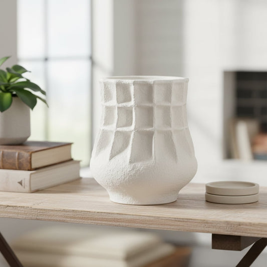 White textured ceramic vase placed on console table in modern living room for elegant home decor styling.
