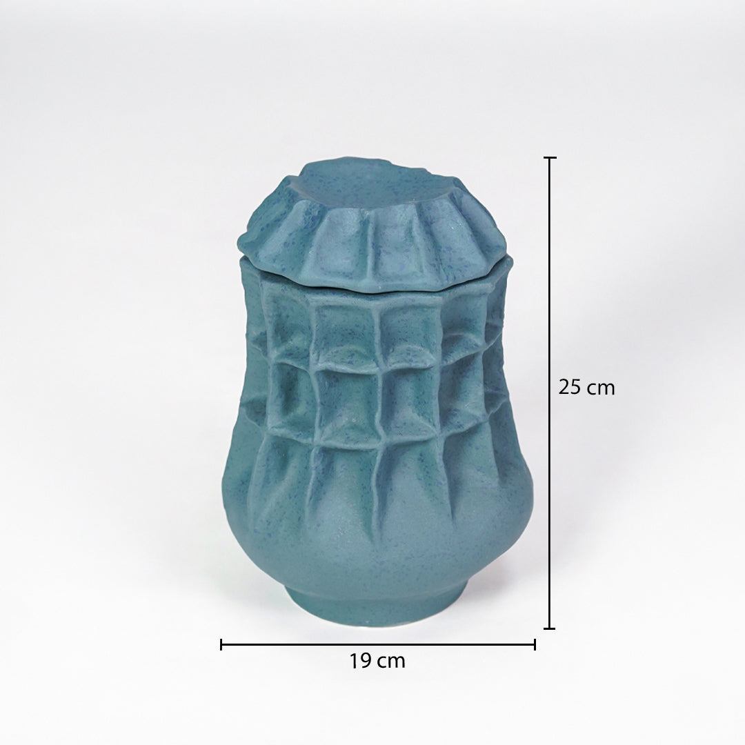 Dimension image of blue ceramic textured planter vase measuring 25 cm for modern tabletop decor styling.