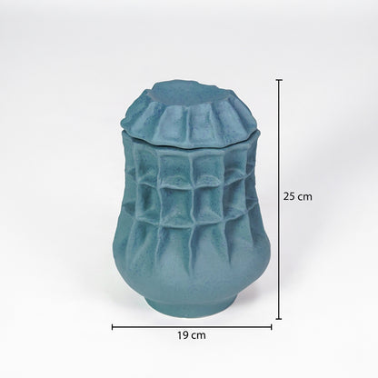 Dimension image of blue ceramic textured planter vase measuring 25 cm for modern tabletop decor styling.