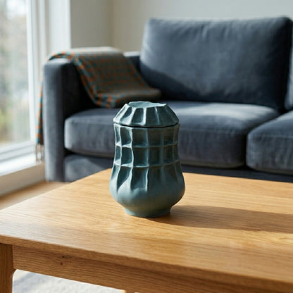 Teal textured ceramic vase placed on wooden table for elegant modern living room decor styling.