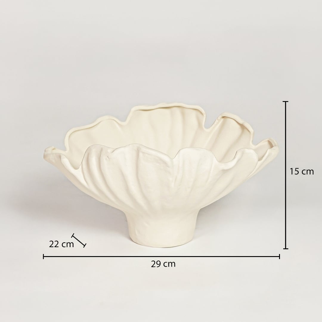 White ceramic floral decorative bowl measuring 15 cm height 29 cm width and 22 cm depth perfect for modern tabletop decor placement.