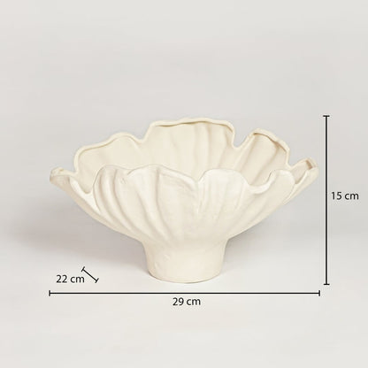 White ceramic floral decorative bowl measuring 15 cm height 29 cm width and 22 cm depth perfect for modern tabletop decor placement.