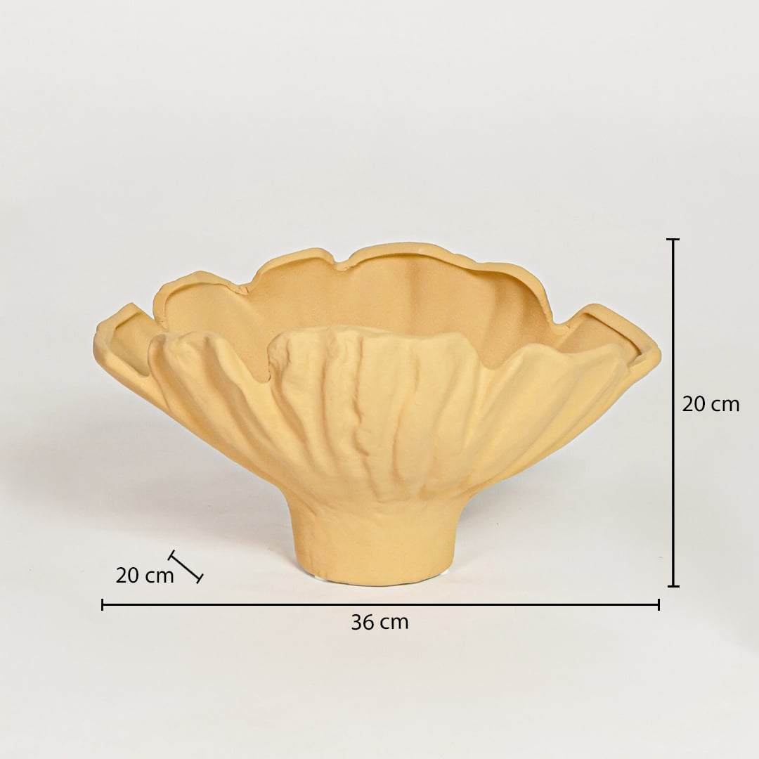 Yellow ceramic ruffled decorative bowl measuring 20 cm height 36 cm width and 20 cm depth perfect for statement table decor placement.