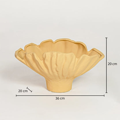 Yellow ceramic ruffled decorative bowl measuring 20 cm height 36 cm width and 20 cm depth perfect for statement table decor placement.