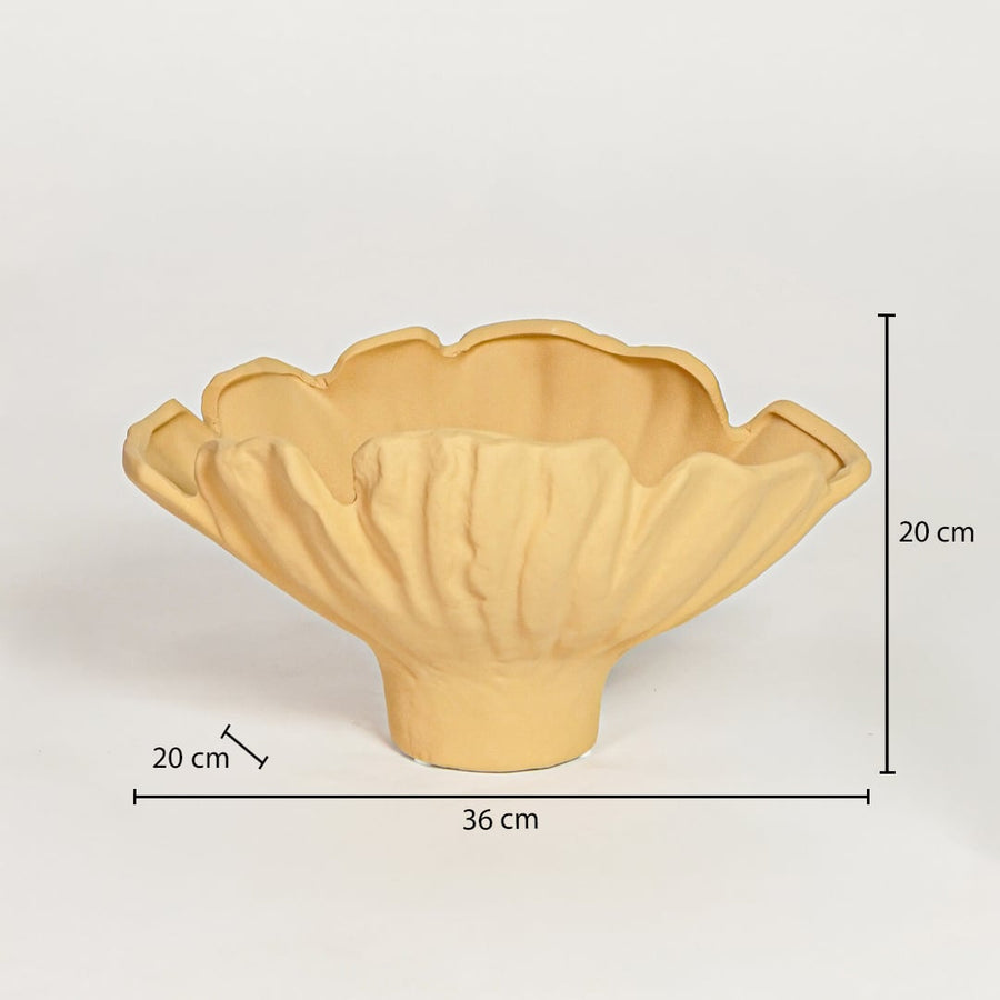 Yellow ceramic ruffled decorative bowl measuring 20 cm height 36 cm width and 20 cm depth perfect for statement table decor placement.