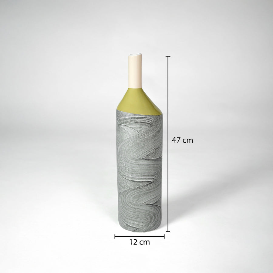 Grey and green ceramic bottle vase dimension image with 47 cm height and 12 cm width for shelf decor.