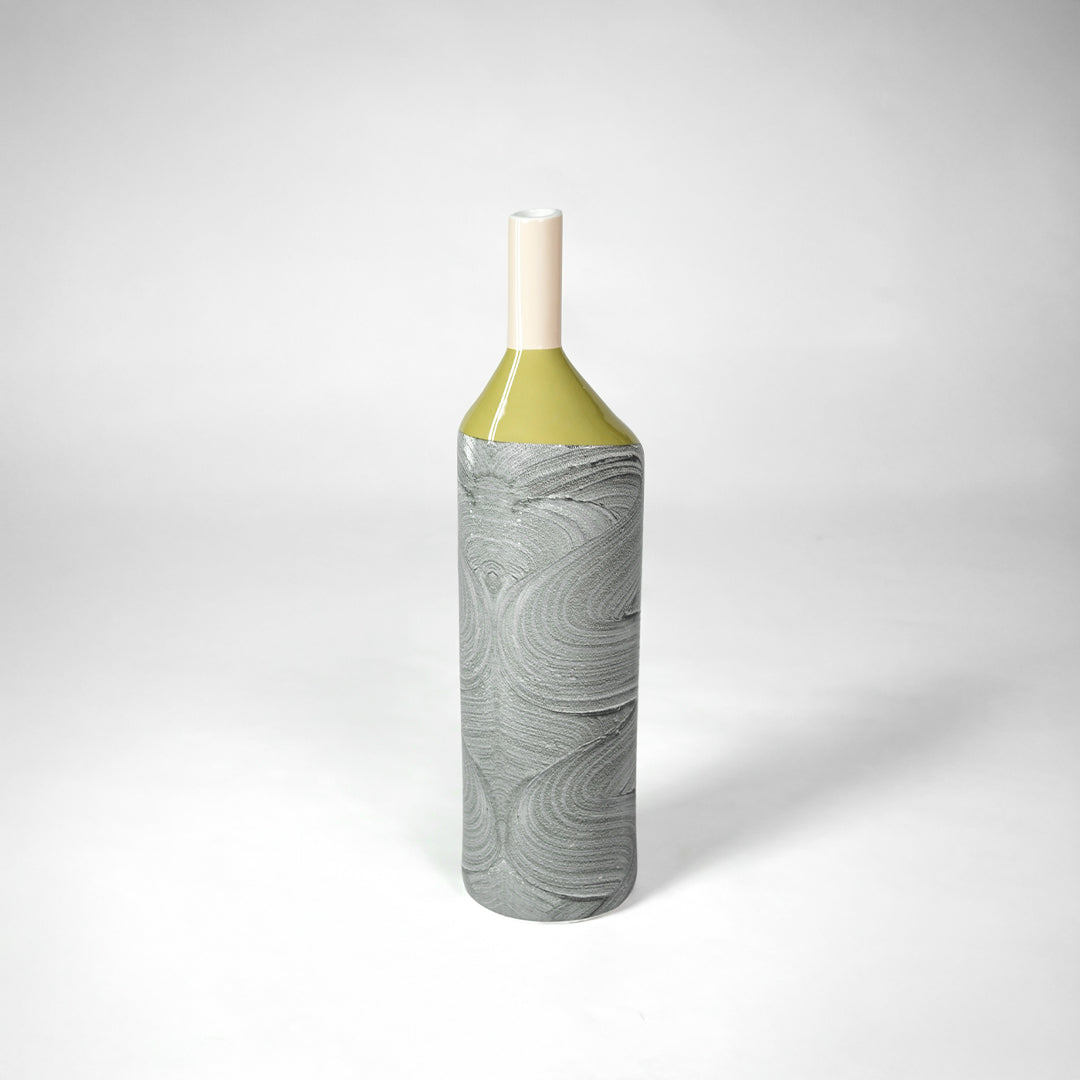 Grey textured ceramic vase with gold neck for stylish console table placement and modern indoor decor styling.