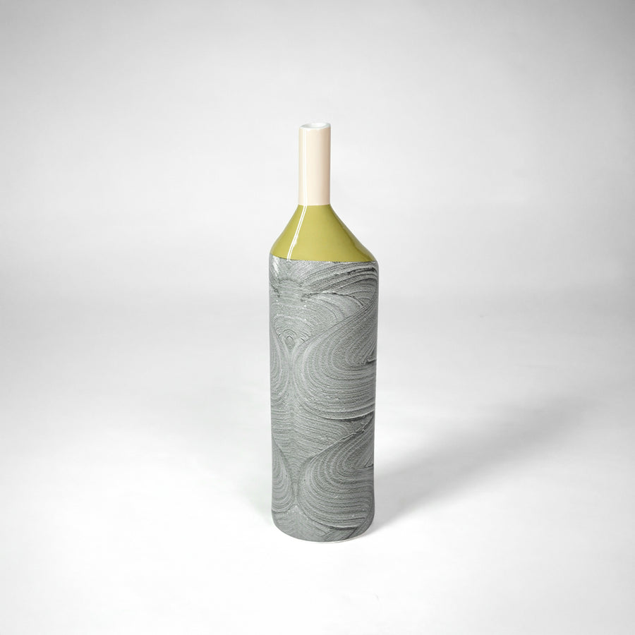 Grey textured ceramic vase with gold neck for stylish console table placement and modern indoor decor styling.