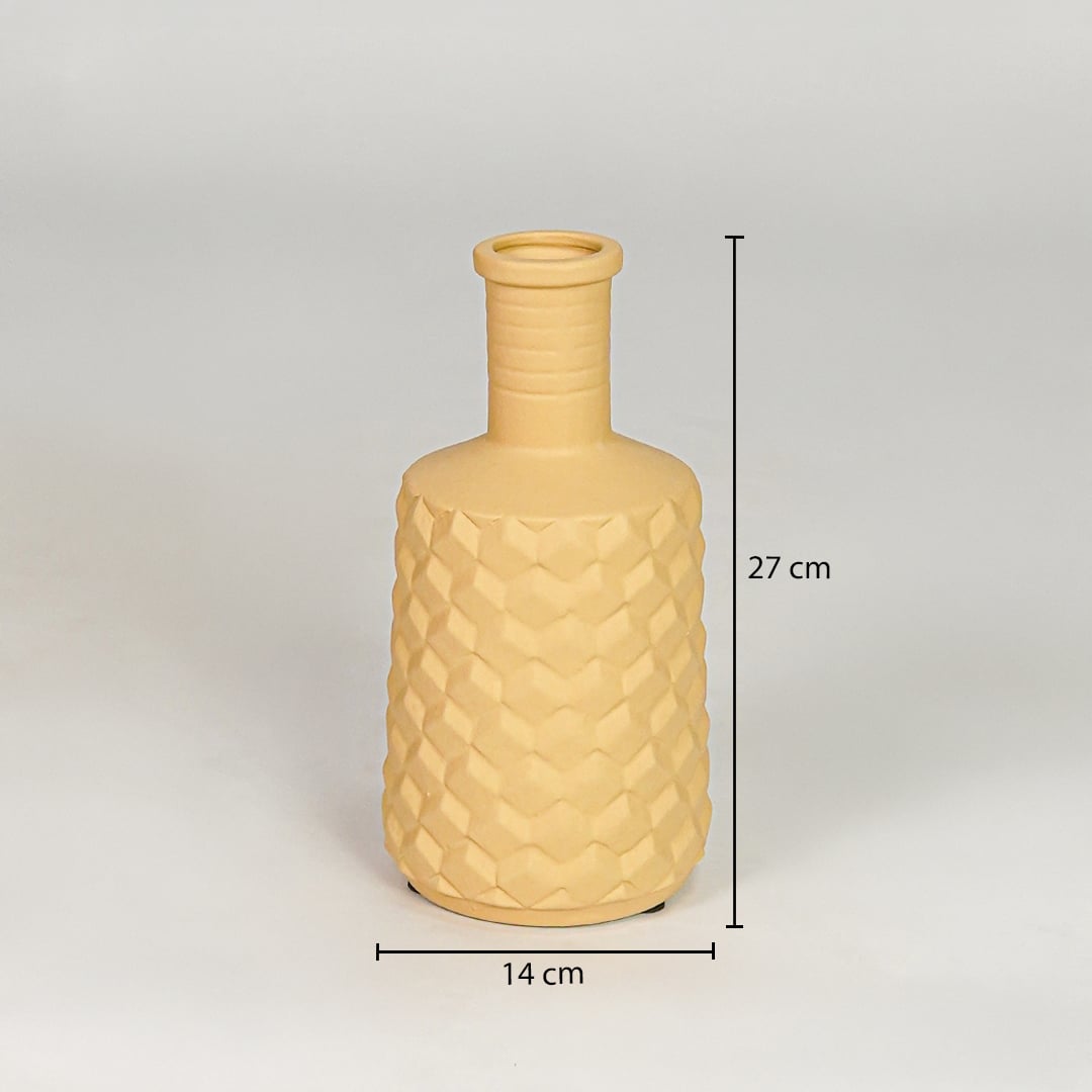 Yellow ceramic decorative flower vase size 27 cm height 14 cm width textured finish modern home decor vase dimension image.