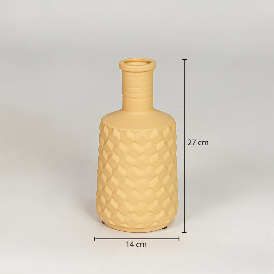 Yellow ceramic decorative flower vase size 27 cm height 14 cm width textured finish modern home decor vase dimension image.