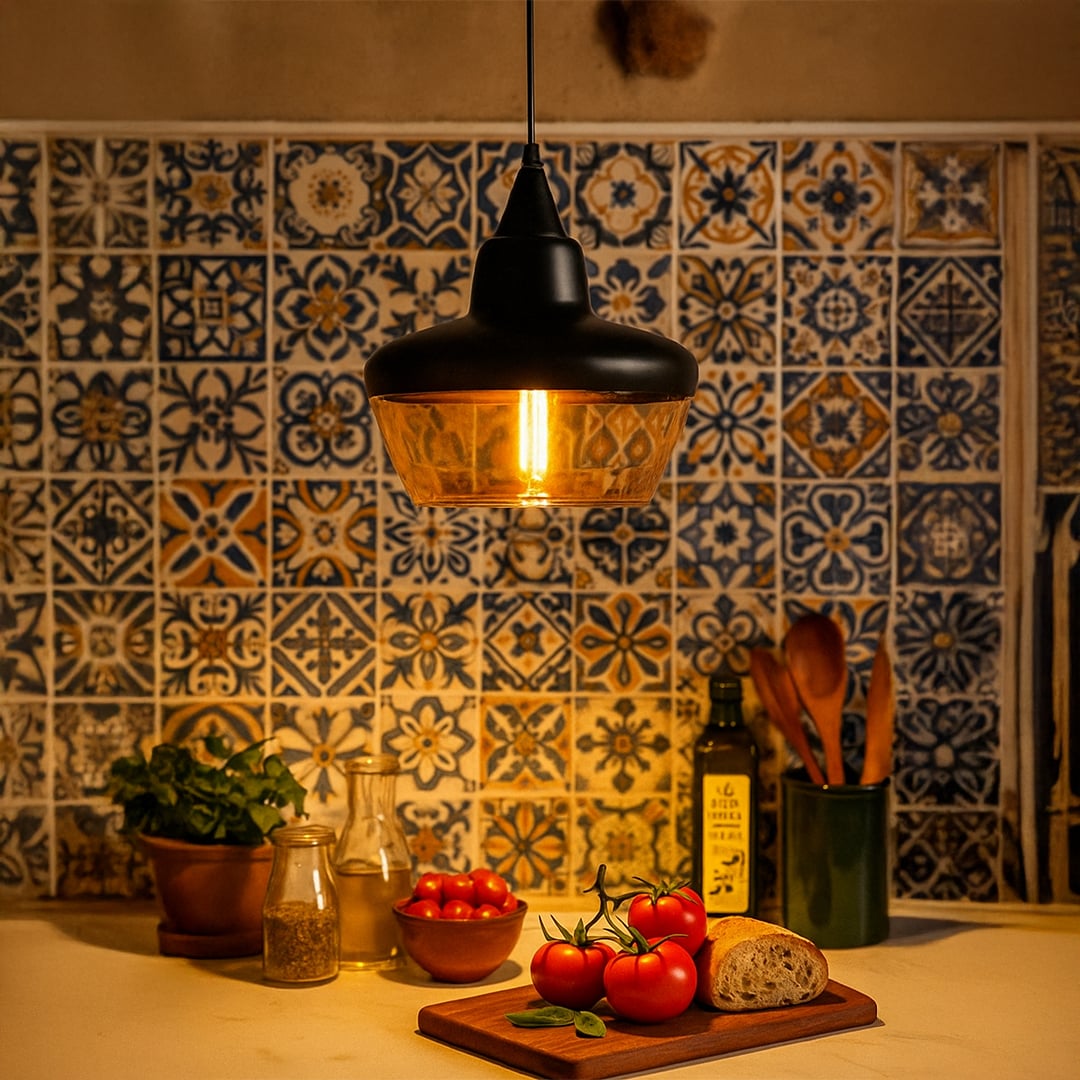 Modern black and amber glass pendant light adding warm glow to kitchen interiors with stylish wall tile backdrop.