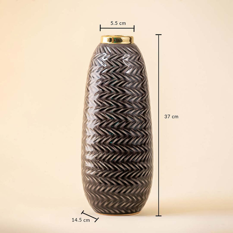 Tall grey ceramic vase with gold rim featuring 37 cm height 14.5 cm base width and 5.5 cm top diameter displayed on beige background.