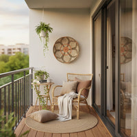 Natural woven wall basket displayed on a balcony wall for elegant bohemian outdoor decor and stylish home interiors.
