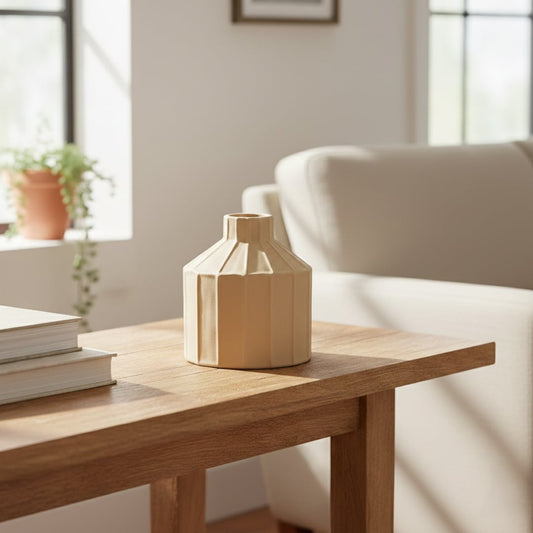 Beige ceramic sculpted decorative vase displayed on side table creating warm and contemporary interior decor accent.