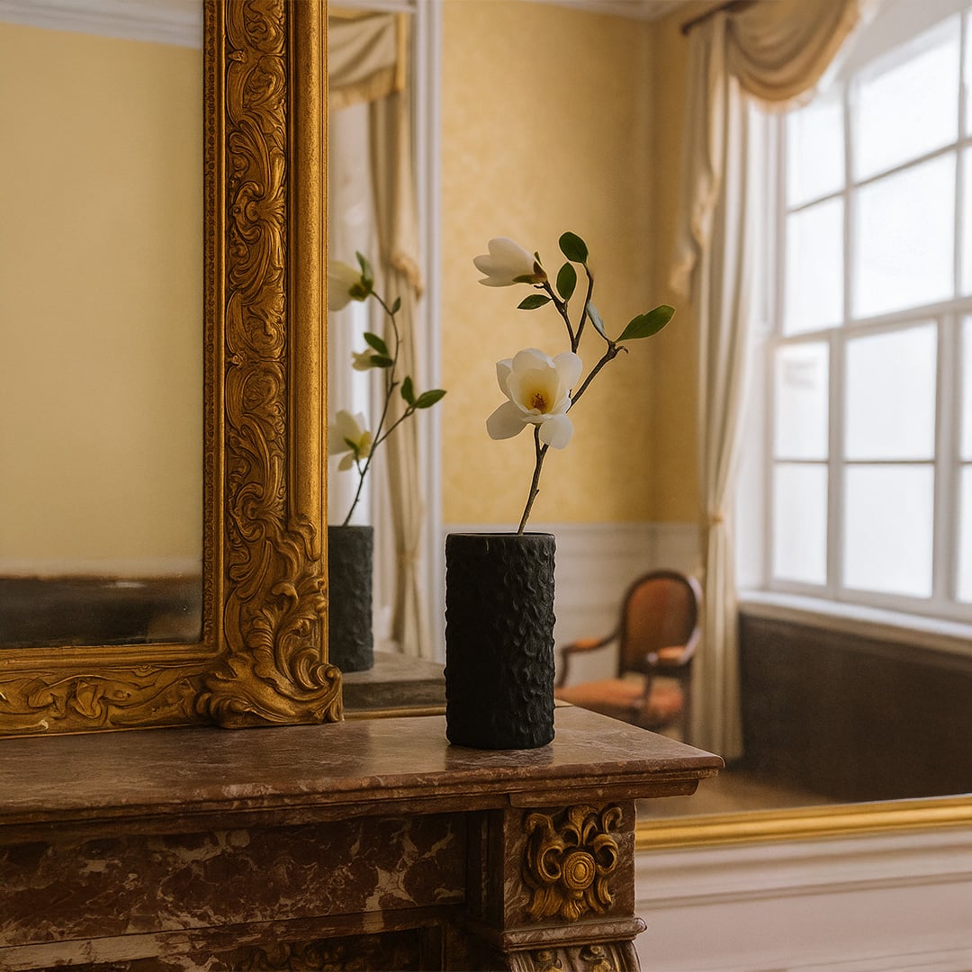 Black cylindrical textured ceramic vase styled with a single white flower displayed on a marble console in an elegant interior.