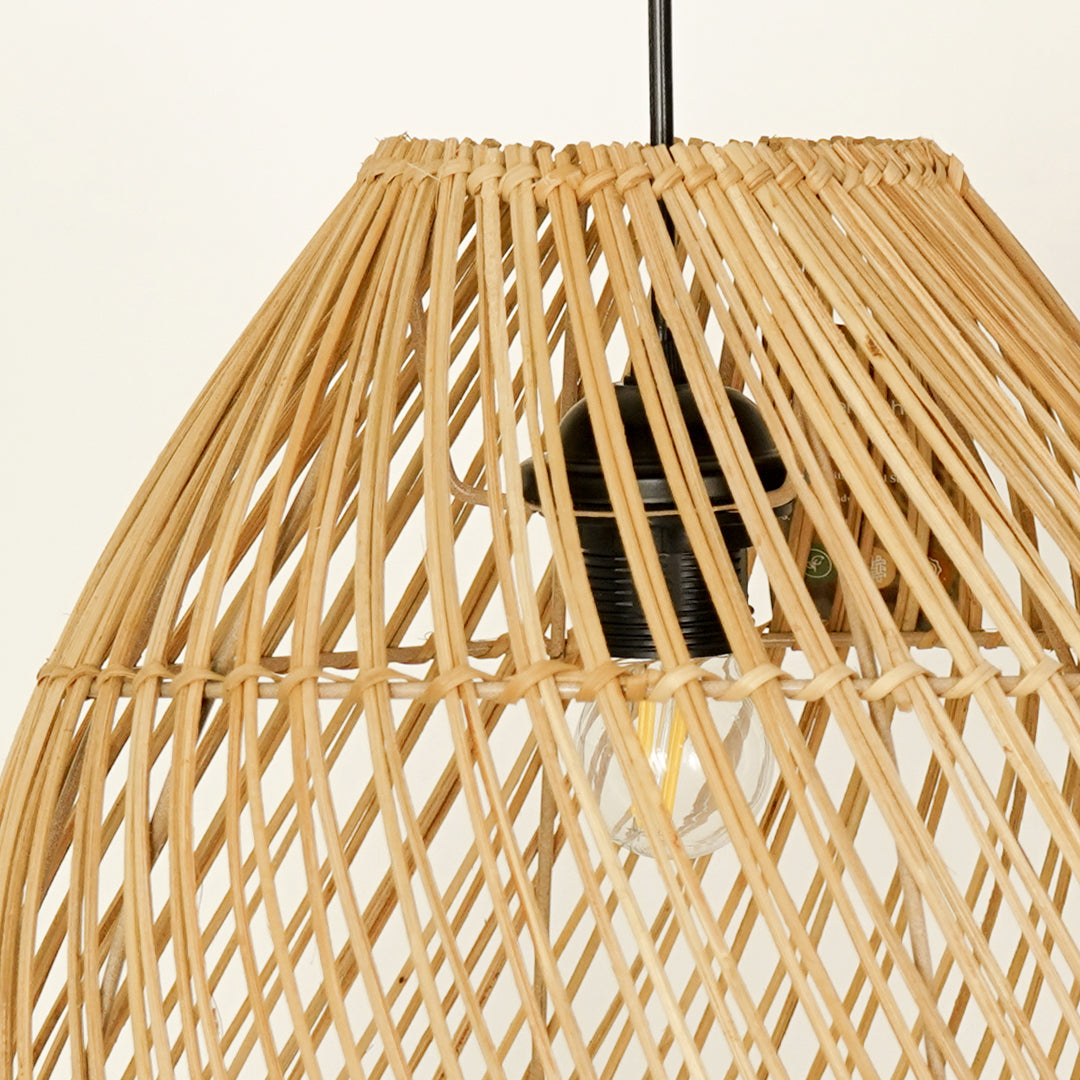 Natural rattan pendant light closeup showcasing intricate weave and artisanal craftsmanship details.
