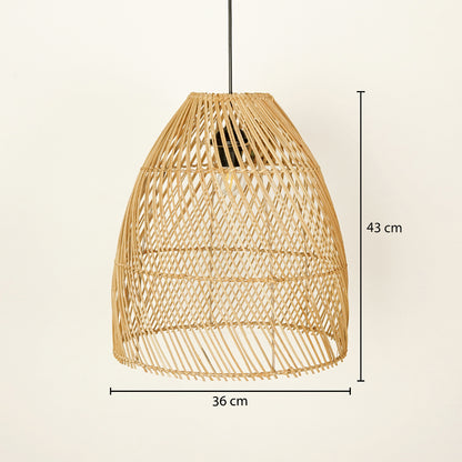 Natural rattan pendant light with 36 cm width and 43 cm height for elegant ceiling placement.
