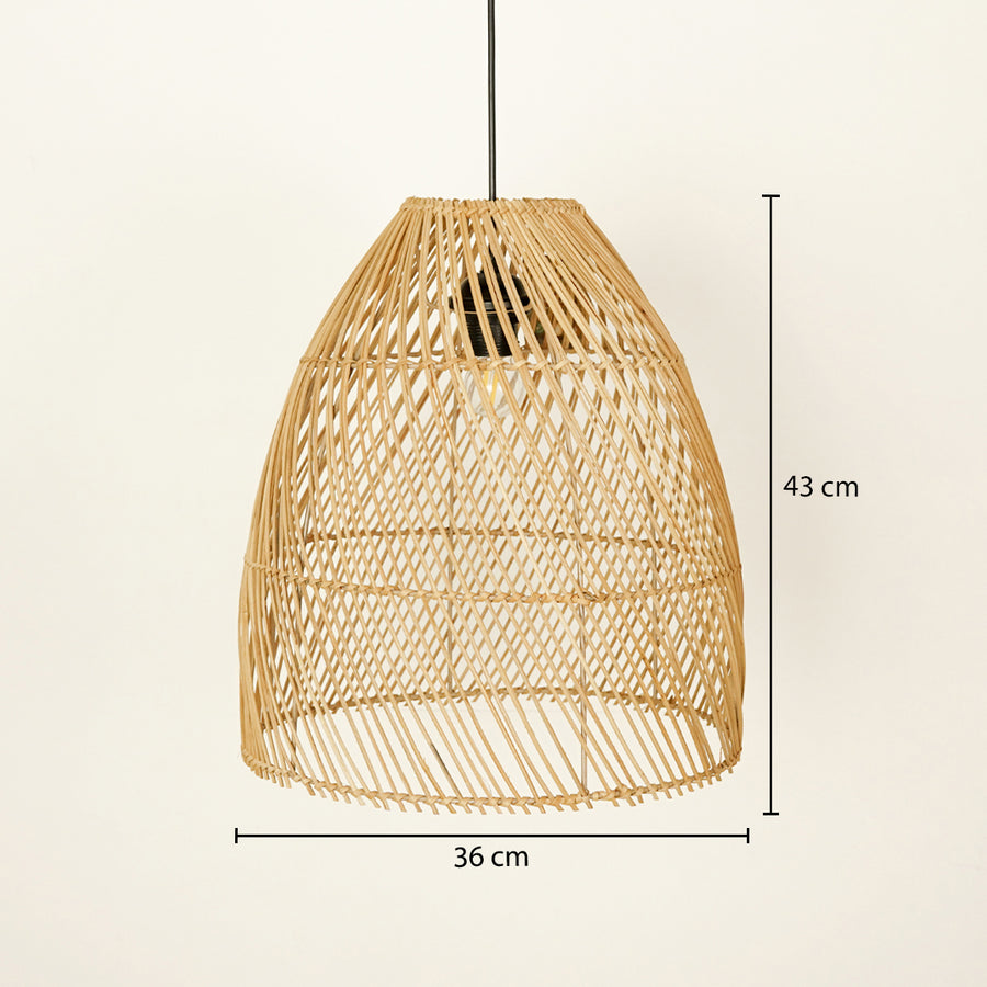 Natural rattan pendant light with 36 cm width and 43 cm height for elegant ceiling placement.