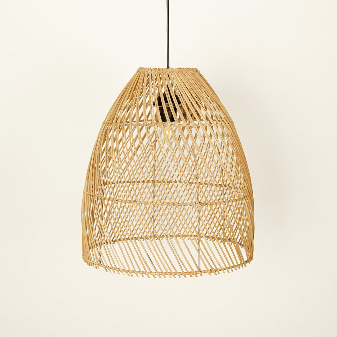Natural rattan pendant light with woven design for elegant dining room ceiling placement.