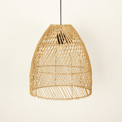 Natural rattan pendant light with woven design for elegant dining room ceiling placement.
