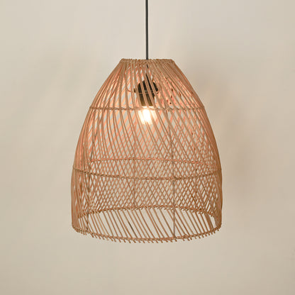 Natural rattan pendant light illuminated with warm glow for stylish dining room ceiling decor.