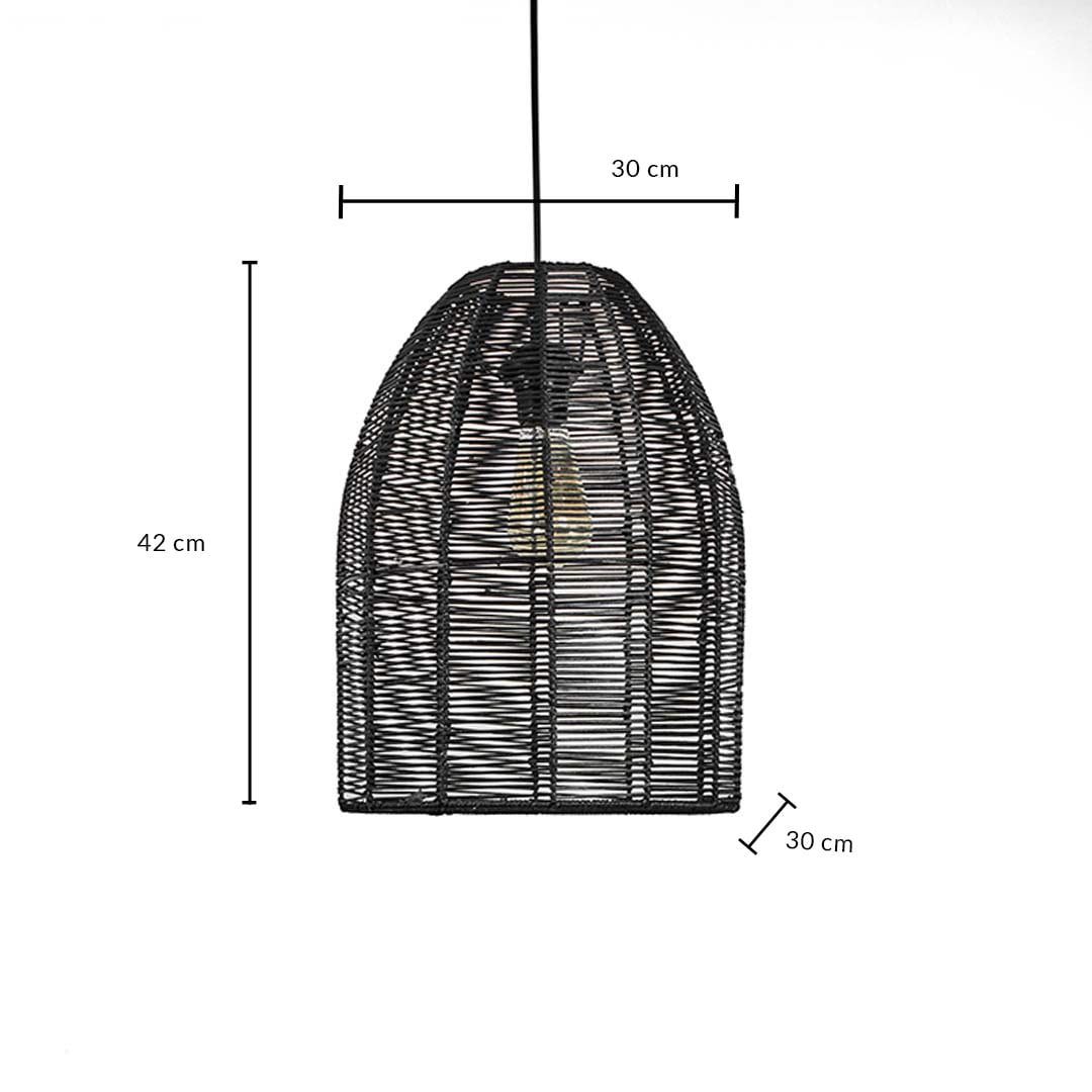 Black rattan pendant light shade measuring 30 cm width and 42 cm height crafted for stylish ceiling lighting decor.