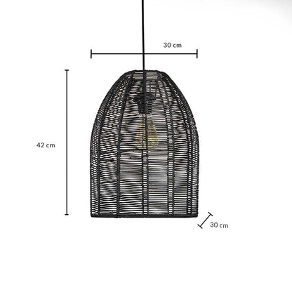 Black rattan pendant light shade measuring 30 cm width and 42 cm height crafted for stylish ceiling lighting decor.