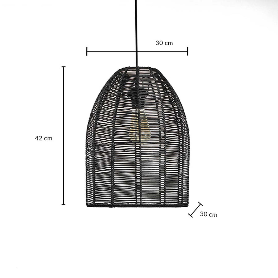 Black rattan pendant light shade measuring 30 cm width and 42 cm height crafted for stylish ceiling lighting decor.