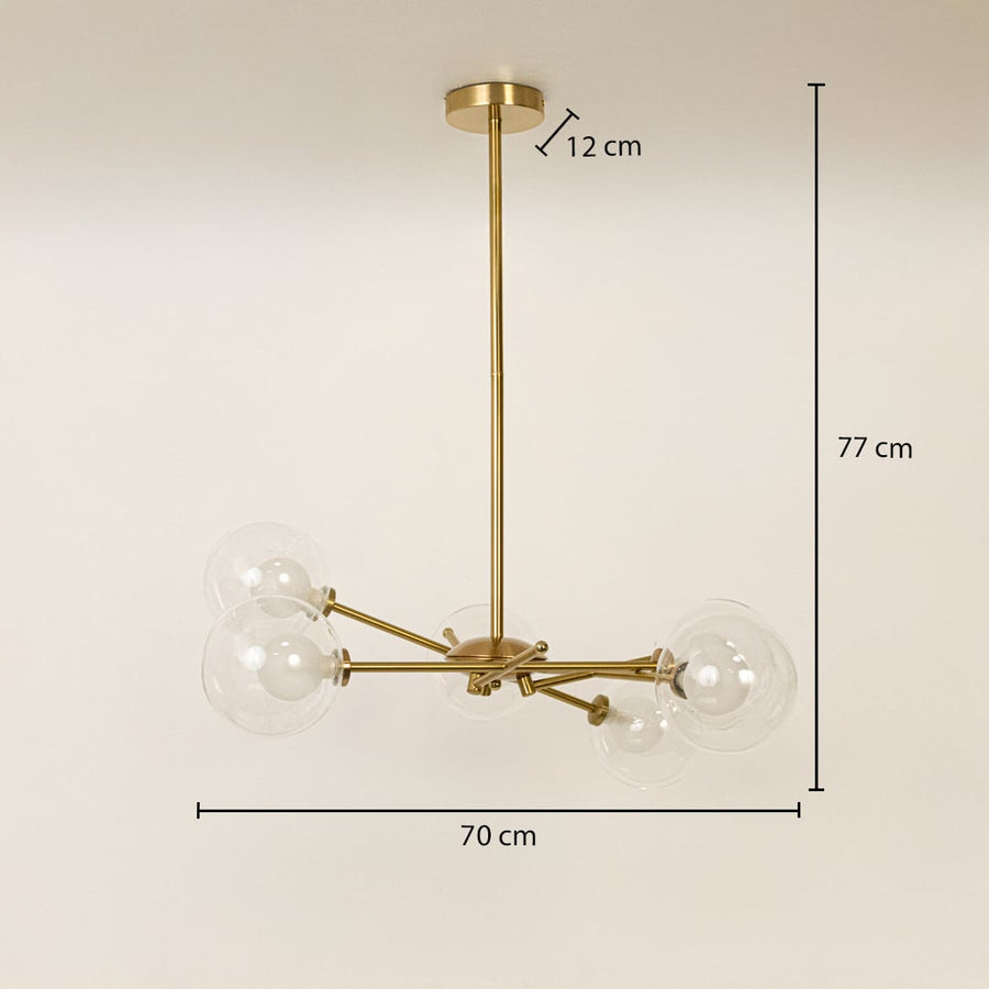 Gold metal chandelier with clear glass globe shades measuring 77 cm height and 70 cm width for modern interiors.