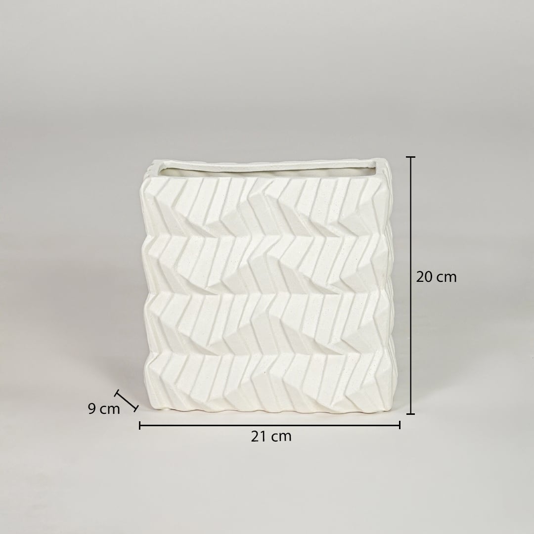White ceramic decorative vase size 23 cm height 21 cm width 9 cm depth modern flower vase for table console styling.