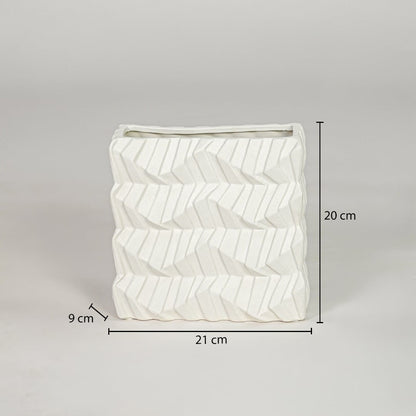 White ceramic decorative vase size 23 cm height 21 cm width 9 cm depth modern flower vase for table console styling.