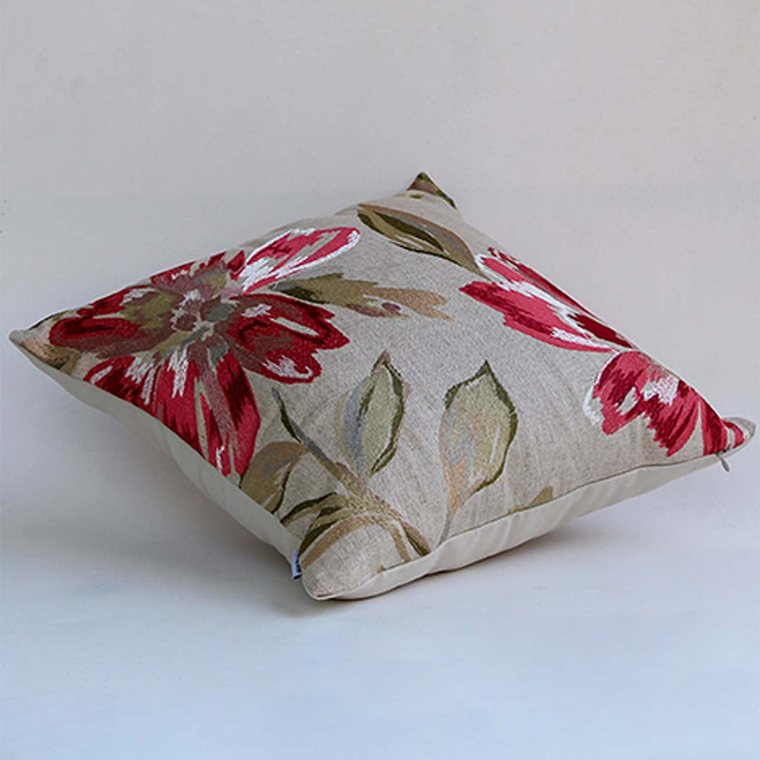 White cotton cushion cover with vibrant floral botanical print featuring premium cotton fabric and elegant decorative finish.