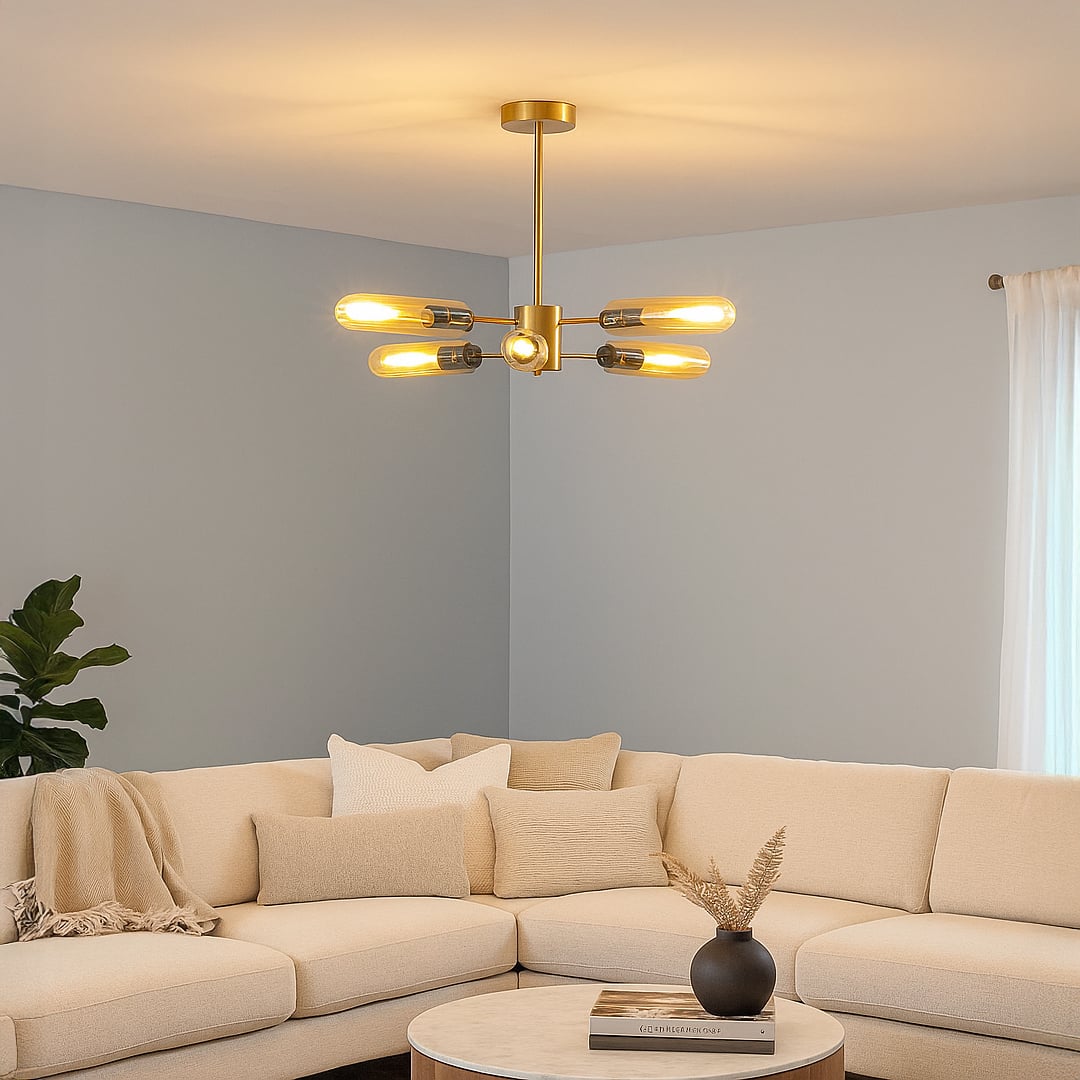 Black metal chandelier with smoky glass shades brightening modern living room interior for stylish contemporary ceiling decor.
