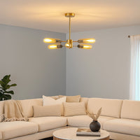 Black metal chandelier with smoky glass shades brightening modern living room interior for stylish contemporary ceiling decor.