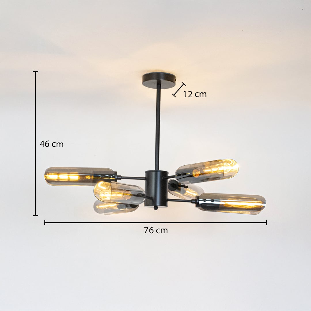 Black metal chandelier with smoky glass tubes showing 46 cm height and 76 cm width perfect for living room ceiling decor.