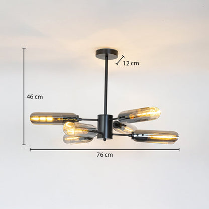 Black metal chandelier with smoky glass tubes showing 46 cm height and 76 cm width perfect for living room ceiling decor.
