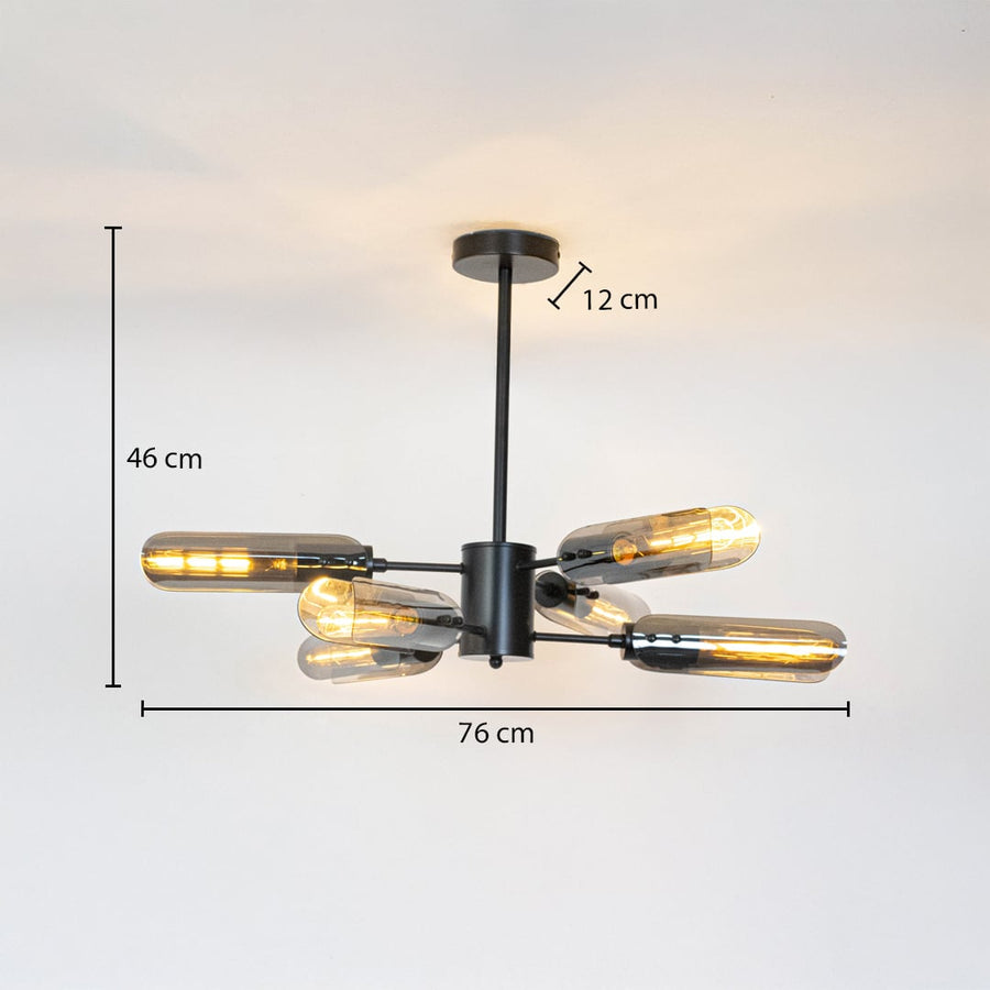 Black metal chandelier with smoky glass tubes showing 46 cm height and 76 cm width perfect for living room ceiling decor.