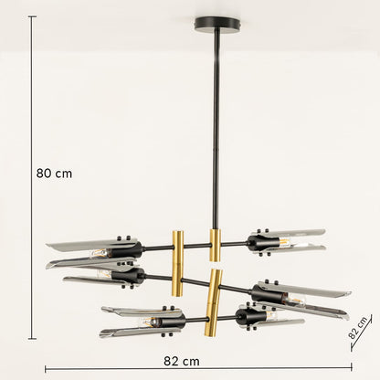 Designer black and gold linear chandelier showing 80 cm height and 82 cm width ideal for modern dining and luxury home interiors.