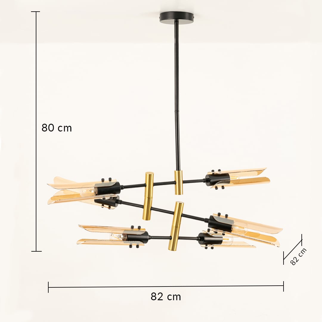 Designer black and gold chandelier showing 80 cm height and 82 cm width ideal for luxury dining halls and modern living interiors.