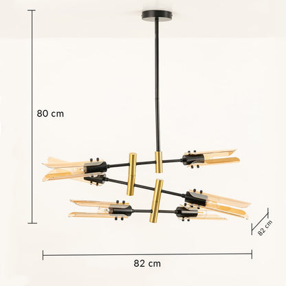 Designer black and gold chandelier showing 80 cm height and 82 cm width ideal for luxury dining halls and modern living interiors.