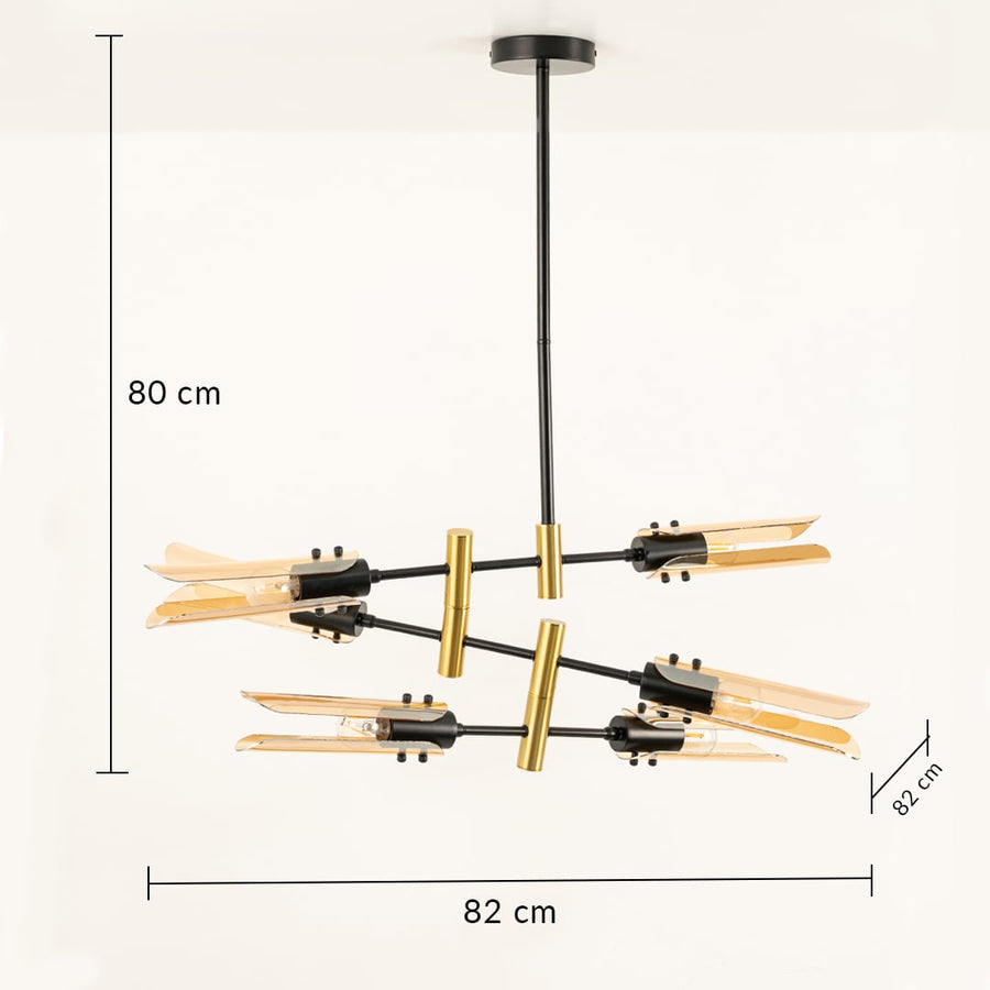 Designer black and gold chandelier showing 80 cm height and 82 cm width ideal for luxury dining halls and modern living interiors.