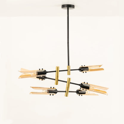 Black and gold chandelier displayed on white background with lights off showing artistic glass structure and premium metal finish.