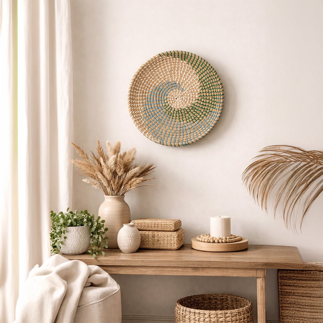 Natural spiral woven wall basket displayed above a console for elegant bohemian wall decor and contemporary home interiors.