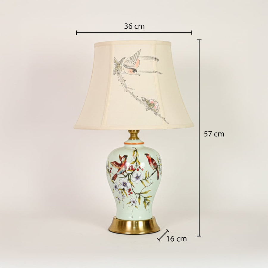 Mint green ceramic table lamp showing 57 cm height 36 cm shade width and 16 cm base diameter for bedside use.